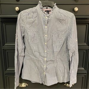 Tommy Hilfiger Ruffled Collar Button Down Pin Striped Shirt Size Medium